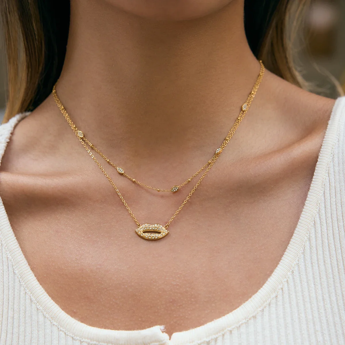 Zora Classic Trendy Inlay WHite Zircon Lipstick-Shape Pendant Necklace Waterproof 18K Gold Plated Stainless Steel Women Jewelry