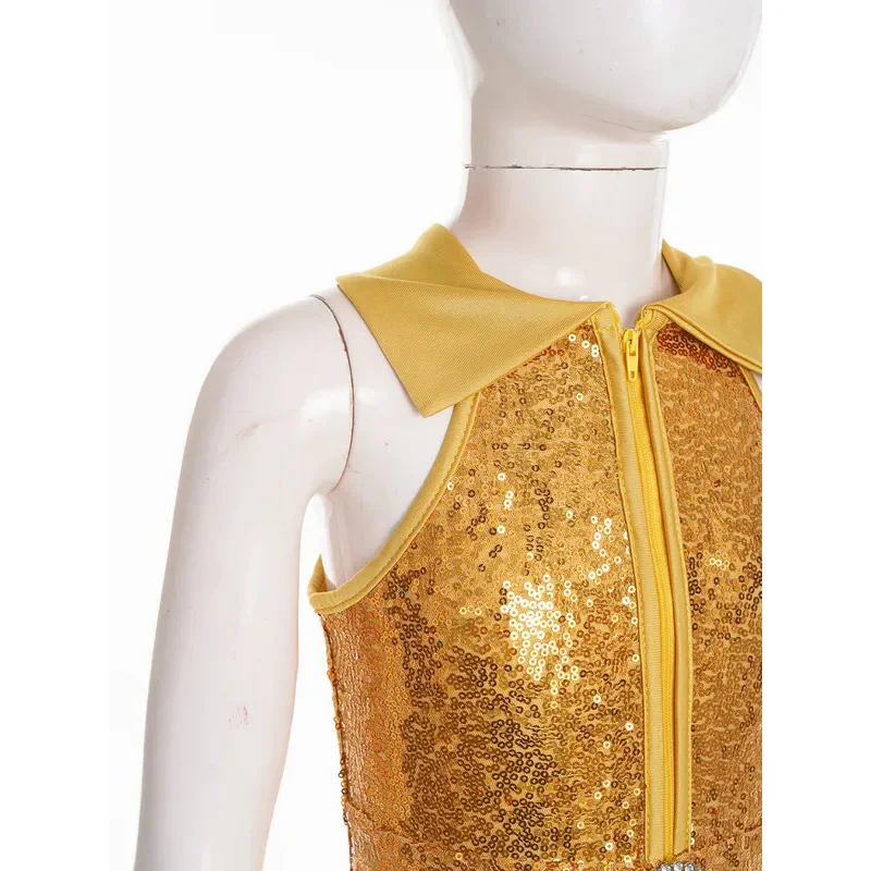 Kids Girls Shiny Sequins Hippie Costume 70s 80s Disco Clothing Bell Bottom Dance Jumpsuit Jazz Latin Stage Performance Dancewear