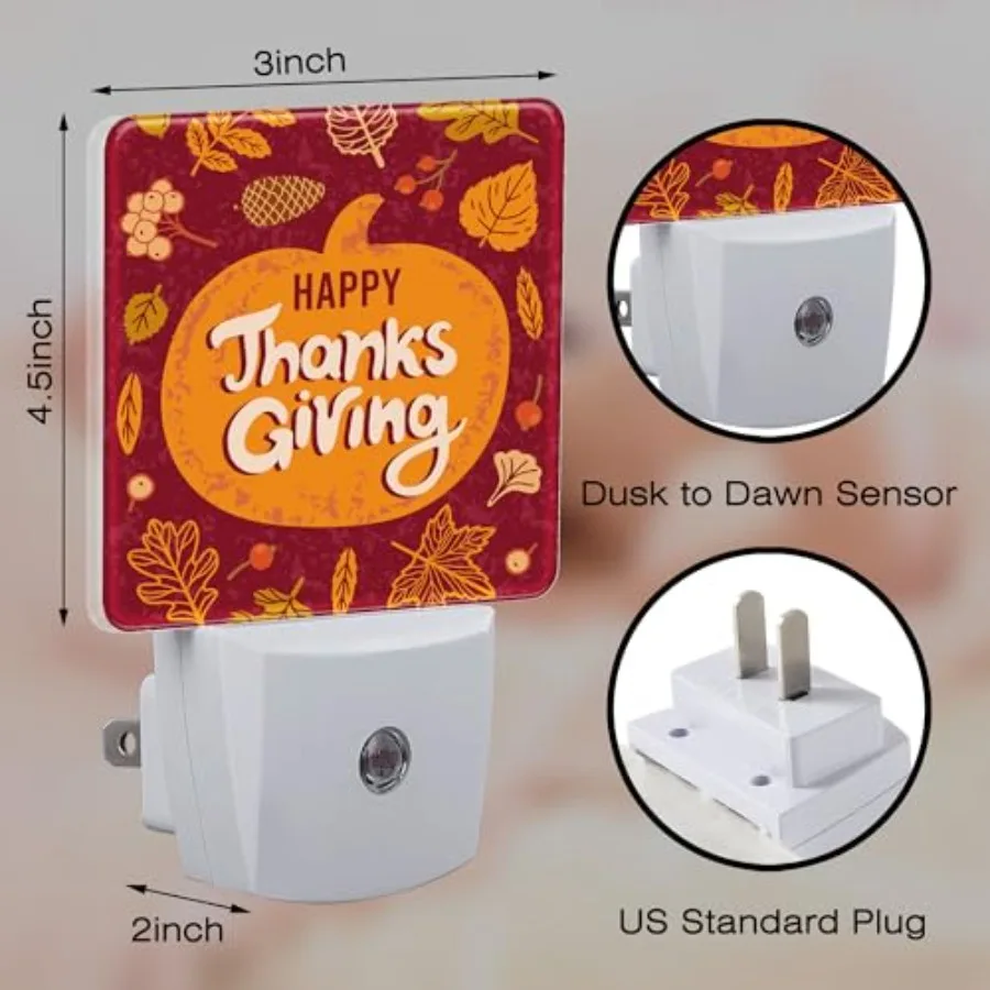 Happy Thanksgiving Night Light for,Autumn Fall Orange Pumpkin Maple Leaf Night Light Plug in with Dusk to Dawn Sensor, 0.5w Ene 2