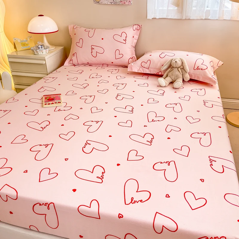 Cartoon Love Hearts Cotton Fitted Sheet Set Romantic Pink Bedding for Kids Girls Bed Sheets Kawaii Mattress Cover Bedroom Decor