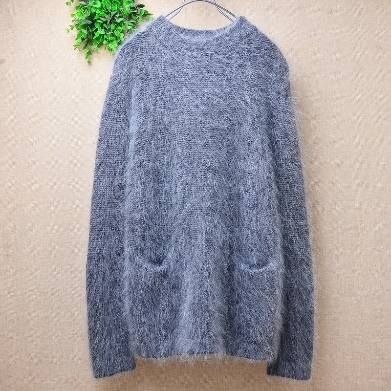 Ladies Women Autumn Winter Fashion Grey Hairy Angora Rabbit Hair Knitted O-Neck Long Sleeves Slim Pullover Sweater Jumper Pull