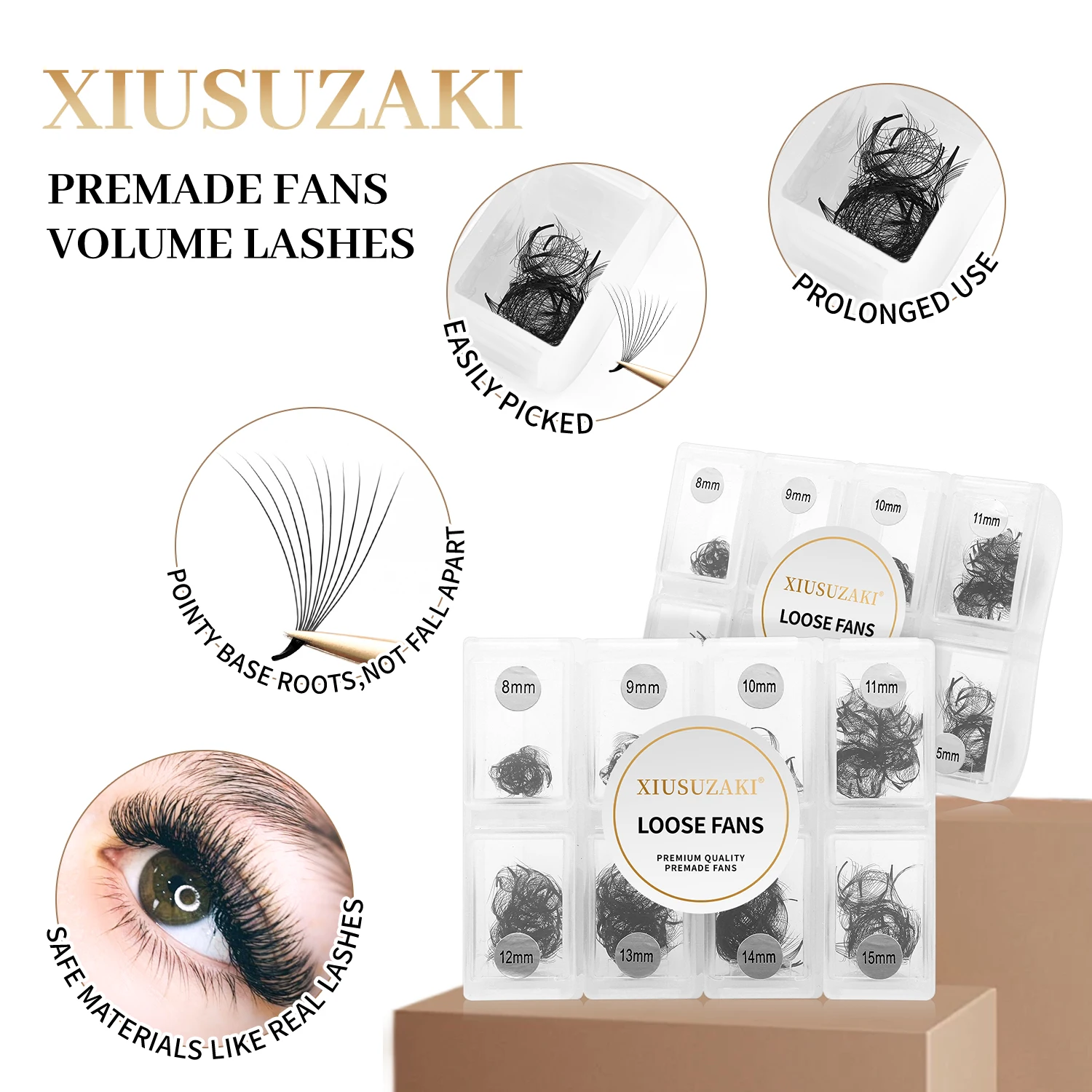 XIUSUZAKI Loose Fans Lashes Extensions Pointy Base Premade Volume Fans Eyelash Extensions Medium Stem Sharp Thin Fake Lashes