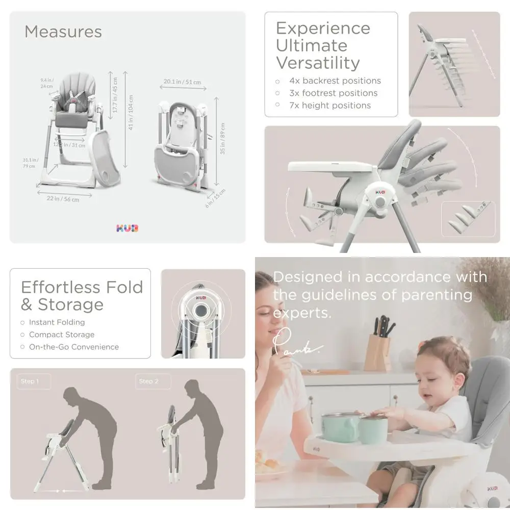 

3-in-1 Adjustable Baby High Chair with Removable Seat & Tray, Easy to Clean, 7 Height & 4 Recline Options, Locking Wheels (Grey)