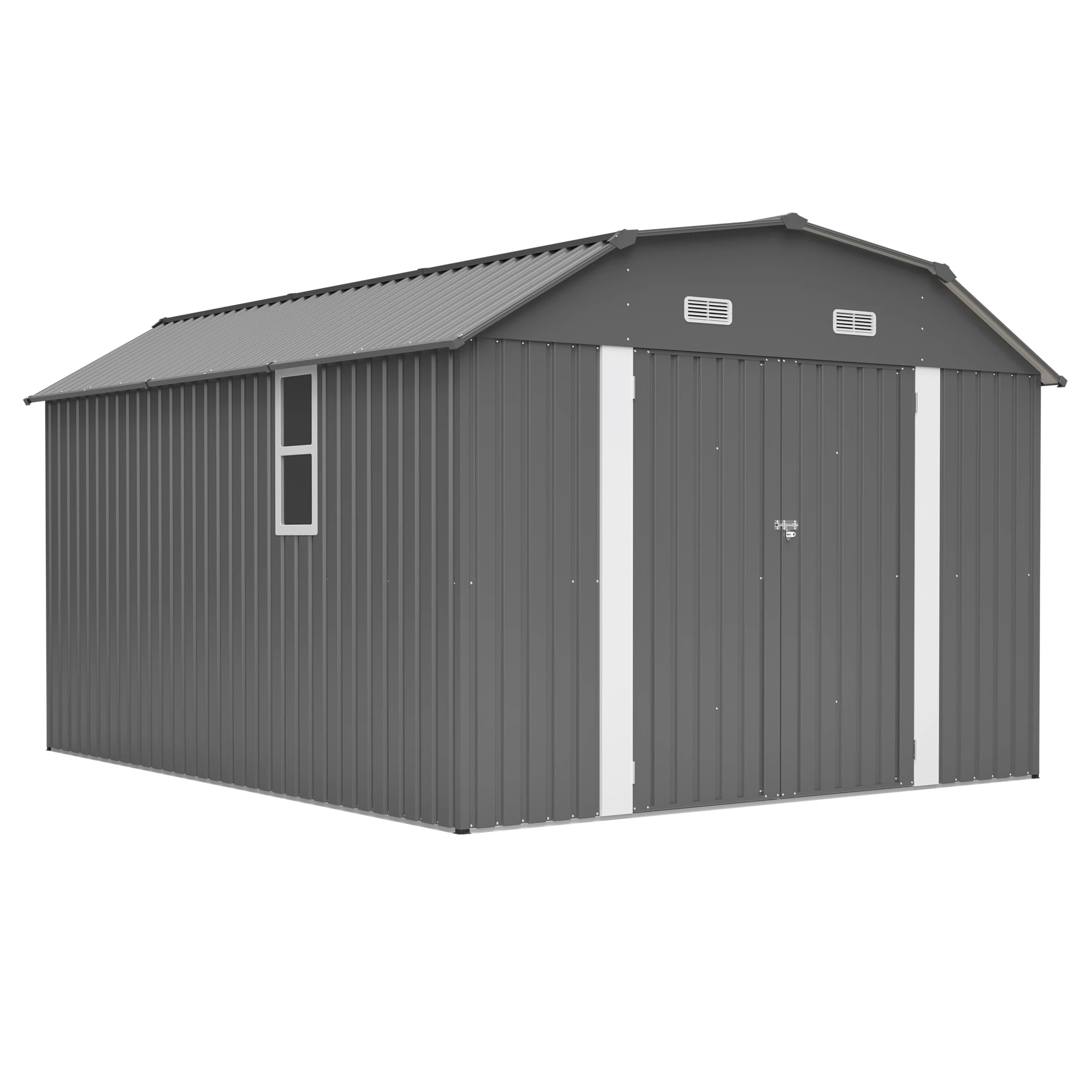 10x12 FT Gray Heavy Duty Outdoor Storage Shed with Floor Frame Lockable Doors Weather Resistant Garden Tool House Backyard Patio