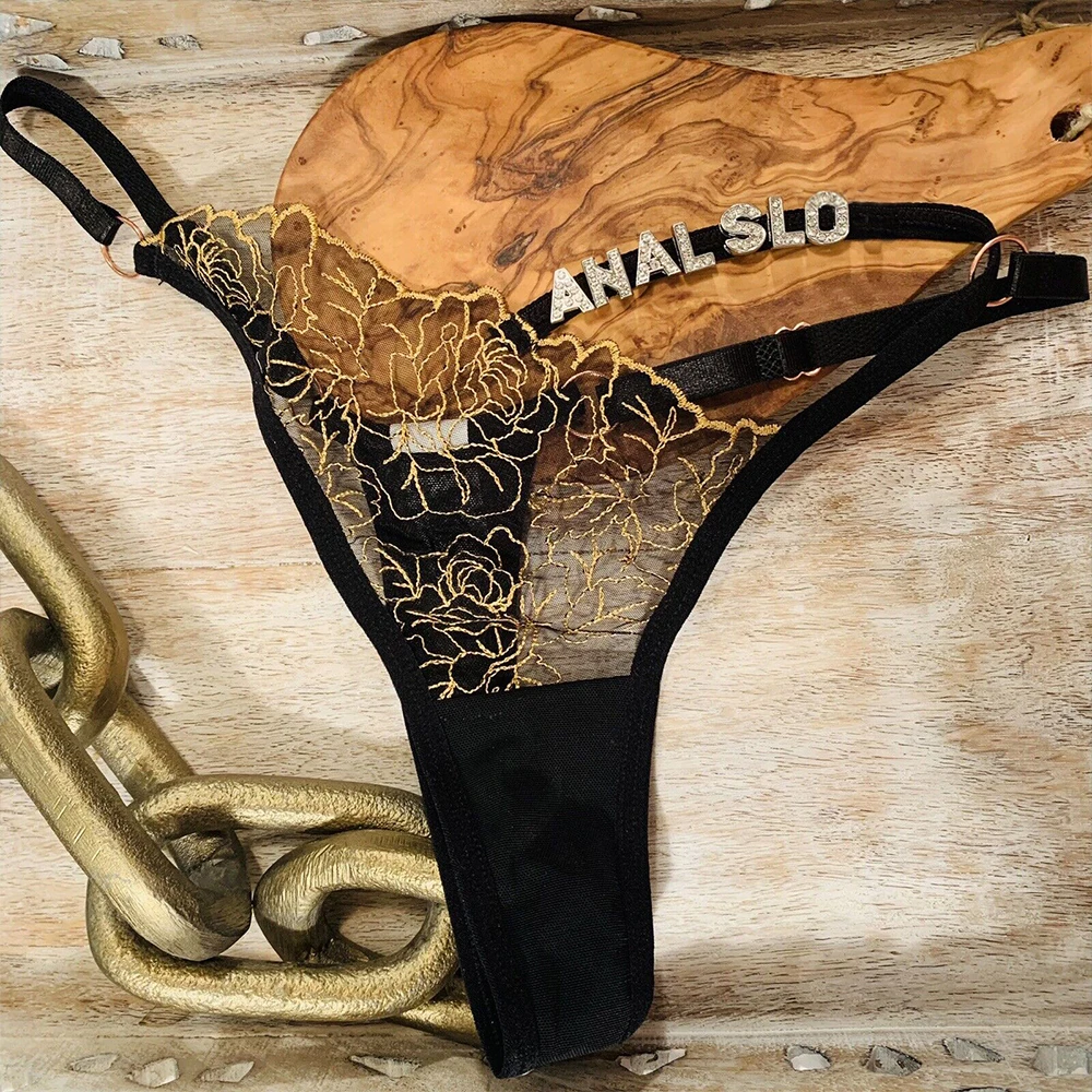 Benutzerdefinierter Tanga für Frauen, sexy Perspektive, Spitze, G-String mit personalisierten Kristallbuchstaben, Mädchenunterwäsche, Höschen,