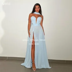 Qanz Baby Blue Chiffon Evening Dresses Customized High Slit Lace Up Back Sexy Pary Dress Long A Line Elegant שמלה ערב נשים 2024