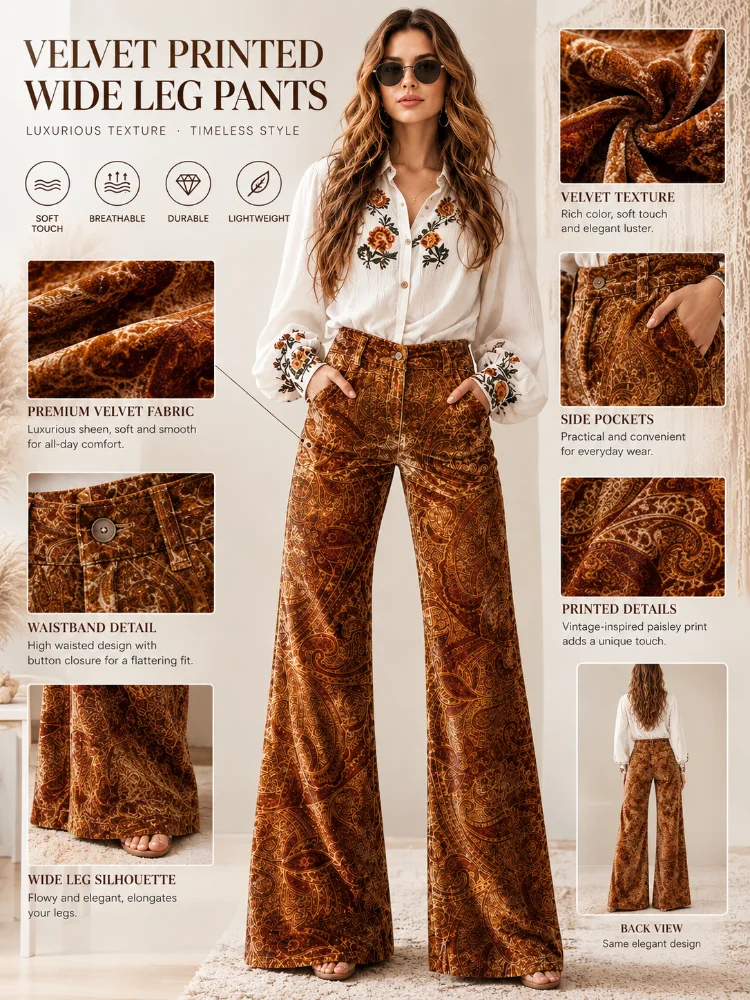 Aliexpress Women's Vintage velvet printed fashionable trousers - Paisley pattern high-waist design, with a retro bohemian style, featuring pockets, suitable for daily casual wear in autumn and winter. - Aliexpress Deal