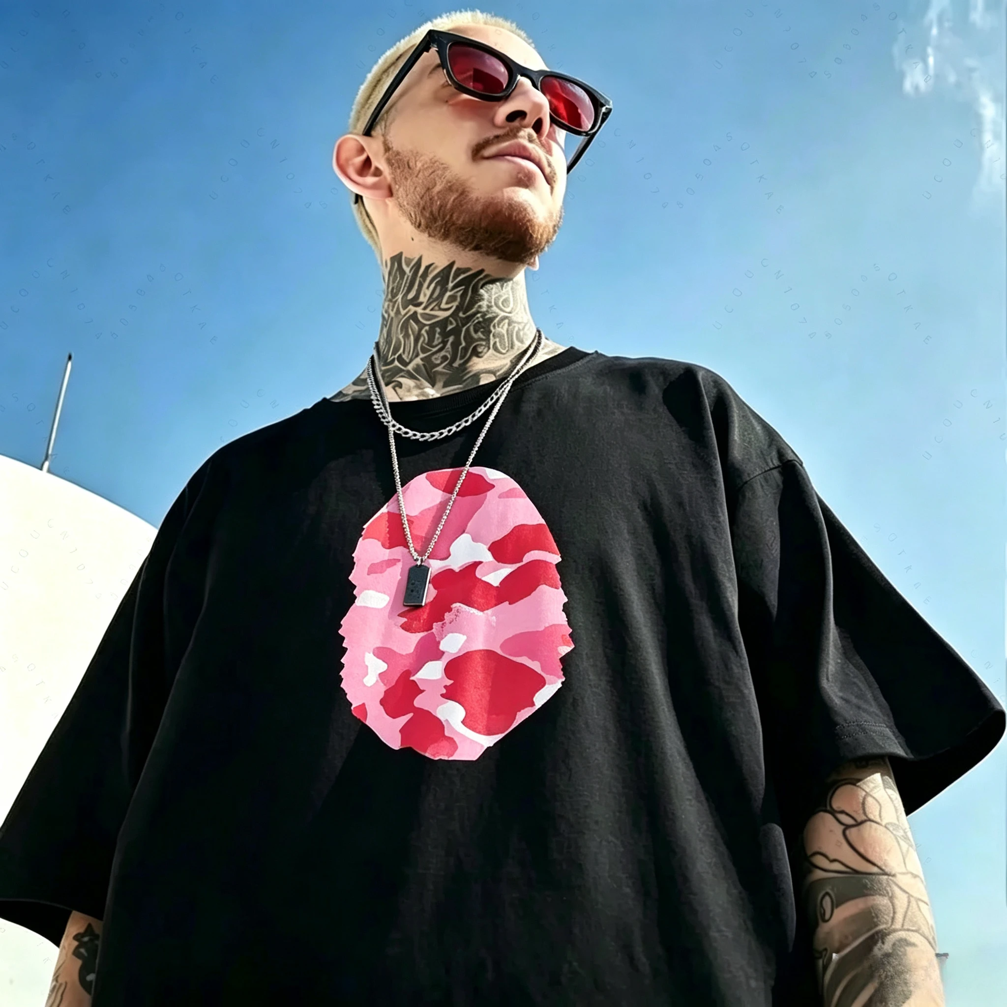Unisex Black Cotton TShirt Pink Camo Animal Face Back Print Short Sleeve Tee Casual Hip Hop Streetwear Oversized Daily Wear Tops