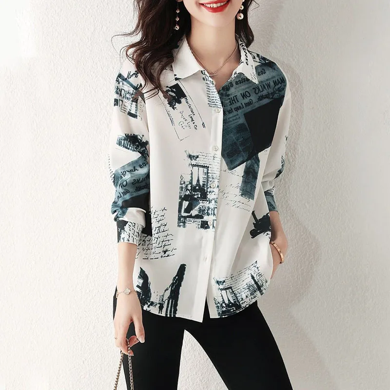 Korean Vintage Long Sleeve Printed Shirt Spring Women\'s Clothing Casual Fashion Streetwear Turn-down Collar Button Blouse Femme