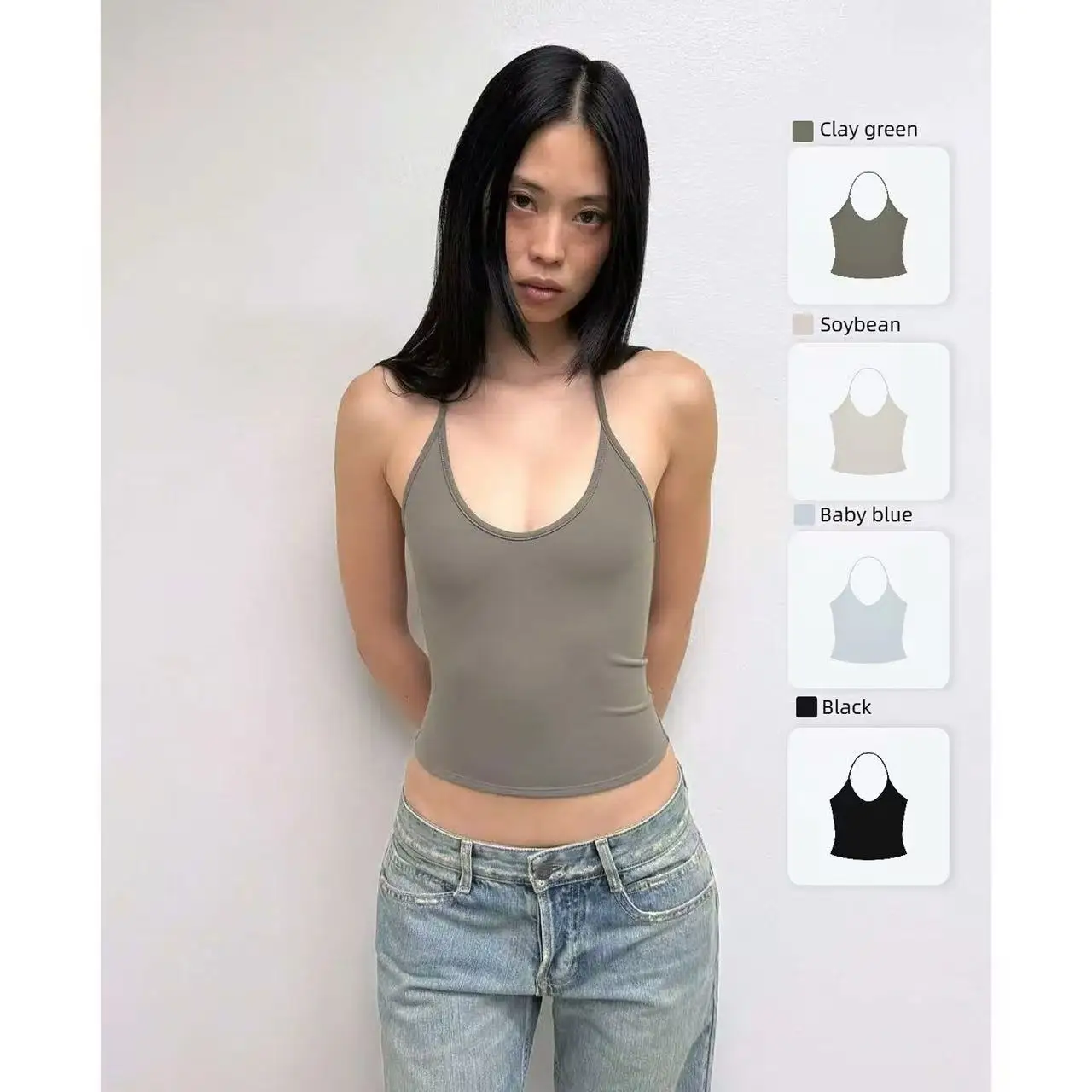 Tank Green Thin String Necklace Short-Sleeved Backless Top Solid Color Backless Top Dyed With Bean Milk Color Short Top