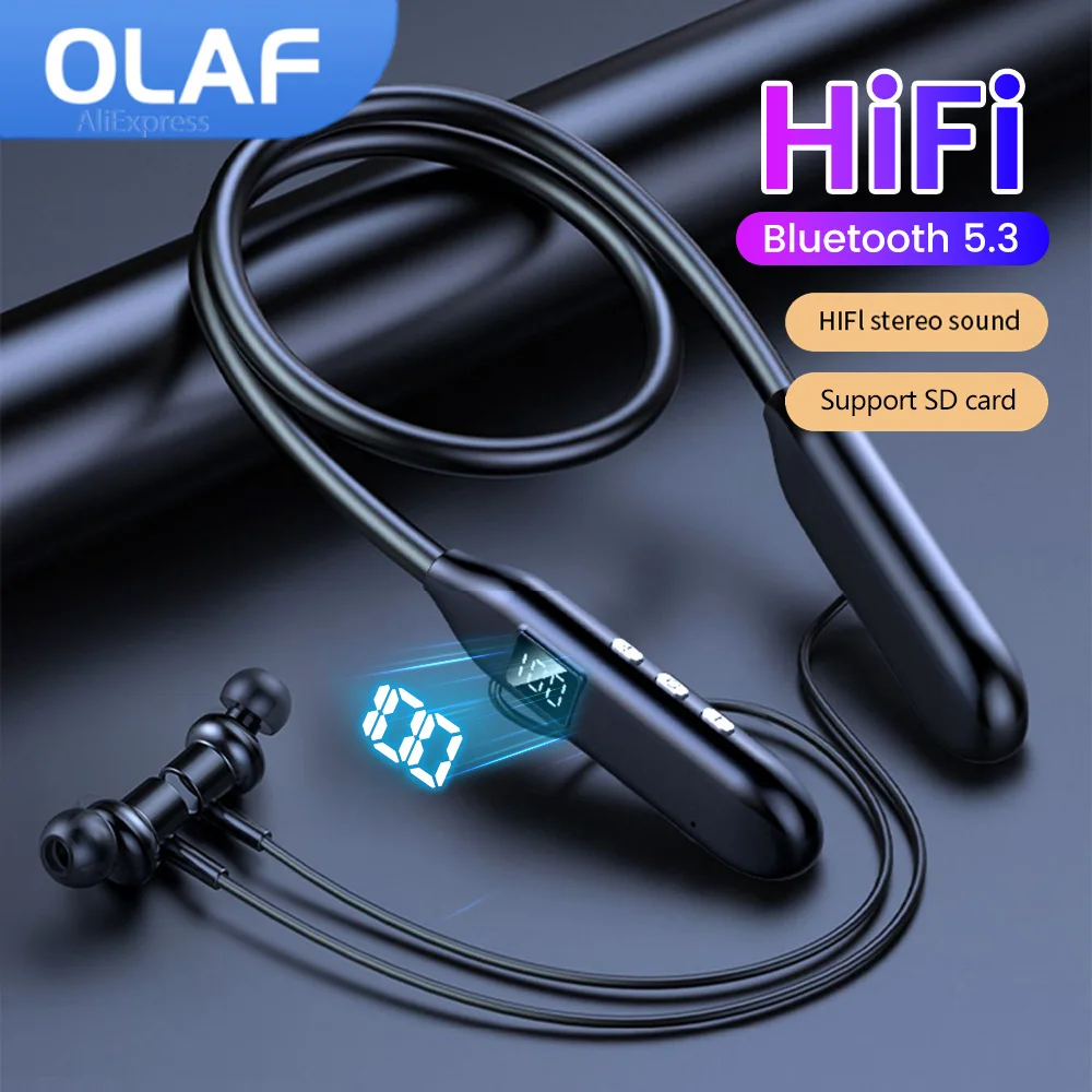 OLAF 200mAh Neckband Bluetooth Earphone Wireless Headphones Gaming Sport Headset Power Display Magnetic Earbuds Supports SD Card