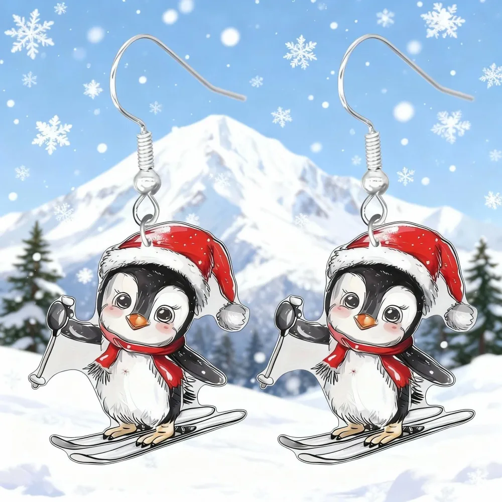 1 Pair Christmas Ski Penguin Dangle Earrings, Cute Cartoon Acrylic Xmas Santa Hat Penguin Drop Earrings, Hypoallergenic Lightweight Winter Holiday Jewelry Gift for Women Girls Christmas Ski Party Outfit Accessories