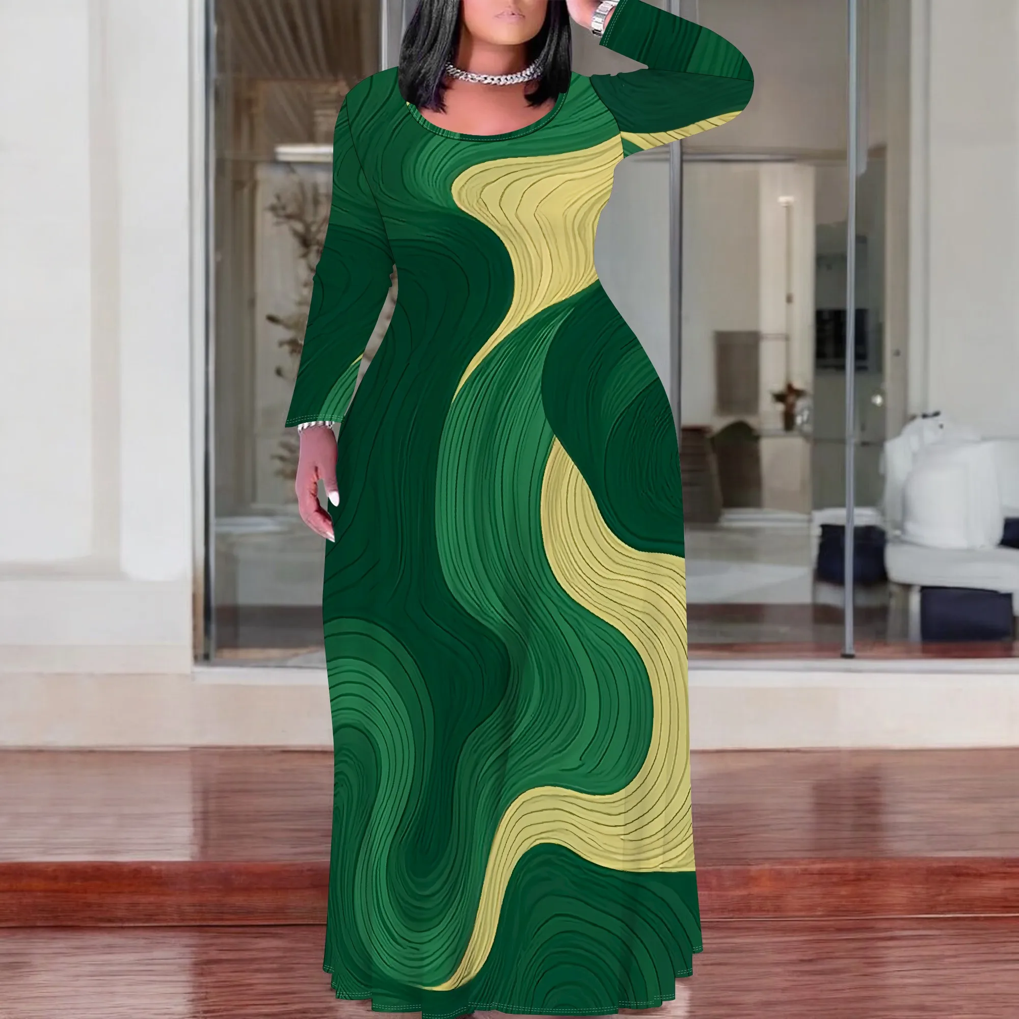 

Green Abstract Wave Print Maxi Dress XL‑6XL Plus Size Long Sleeve Style for Art Show, Fall Event or Modest Streetwear Look