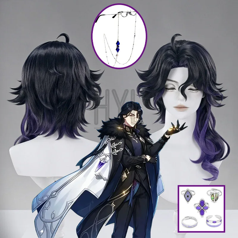 Game Genshin Impact Pantalone Cosplay Wig New Form Black Synthetic Hair Glasses Ring For Women Men Halloween Costume Party