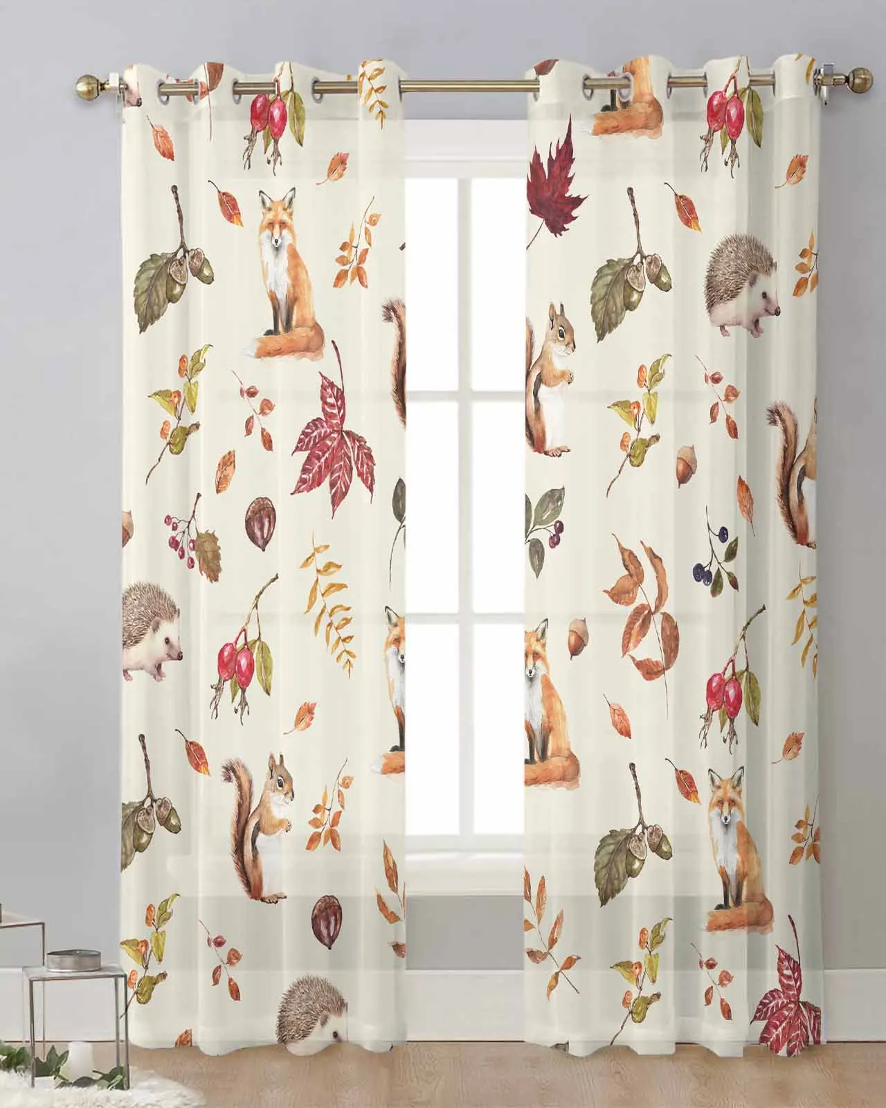 Thanksgiving Autumn Plants Squirrel Fox Hedgehog Curtain Tulle Curtains For Living Room Kitchen Window Treatments Voile Curtains