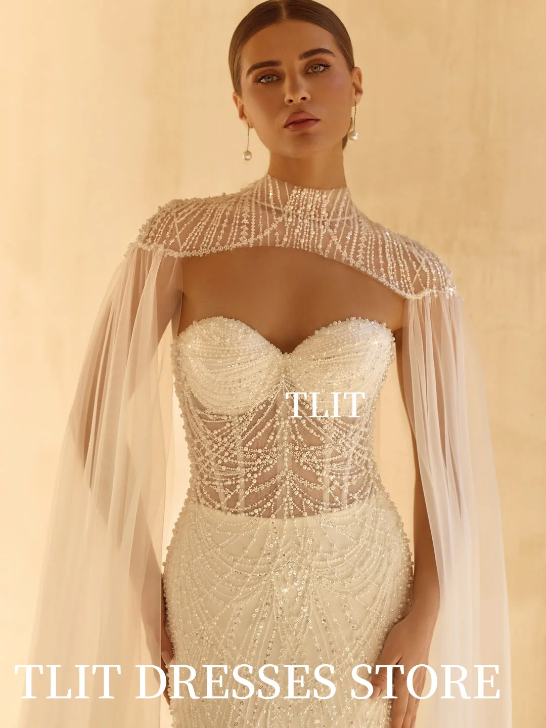 Luksusowe suknie ślubne typu syrena z koronki, szyte na miarę, z dekoltem w serduszko, zdobione perłami, suknie ślubne z koralikami i szalem.