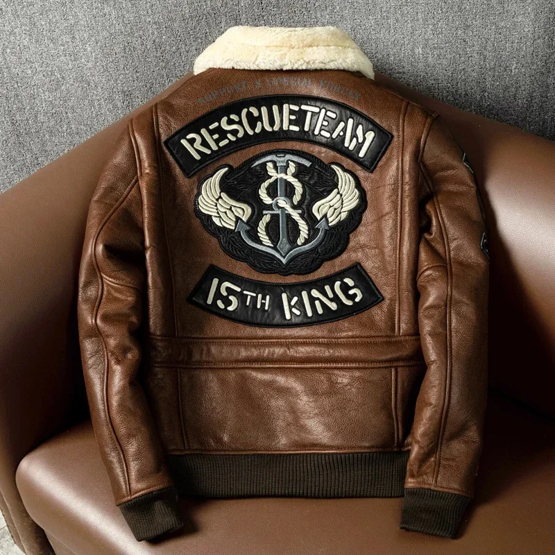 Military A2 Pilot Bomber Genuine Leather Jacket Men Vintage Air Force Flight Wool Collar Sheepskin Coats Winter Jackets for