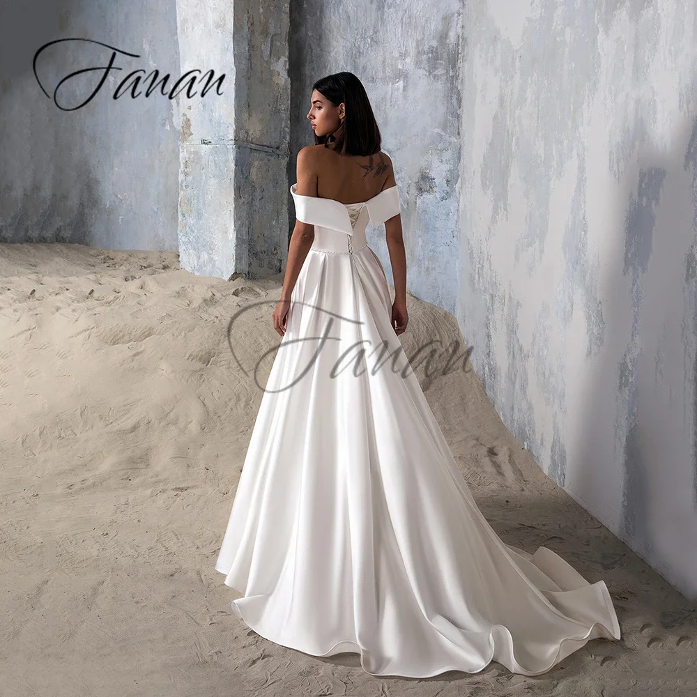 Boothals Off The Shoulder A-lijn Weddng Jurken Front High Split Backless Satin Eenvoudige Bruidsjurk Vestidos De Novia Платье