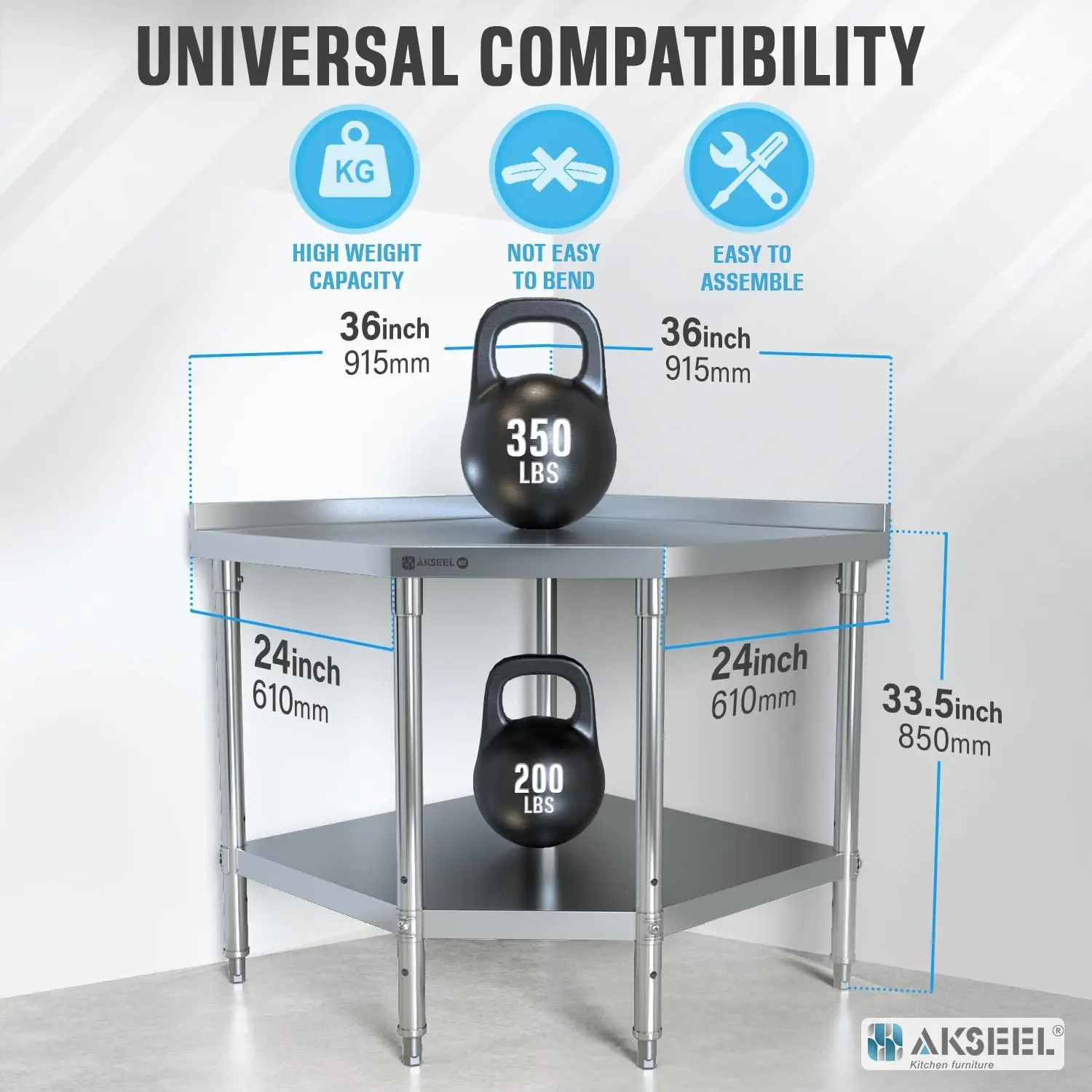 Corner Stainless Steel Work Table - Food Prep Tables for Commercial Kitchen - NSF Metal Heavy Duty Workbench with Backsplash