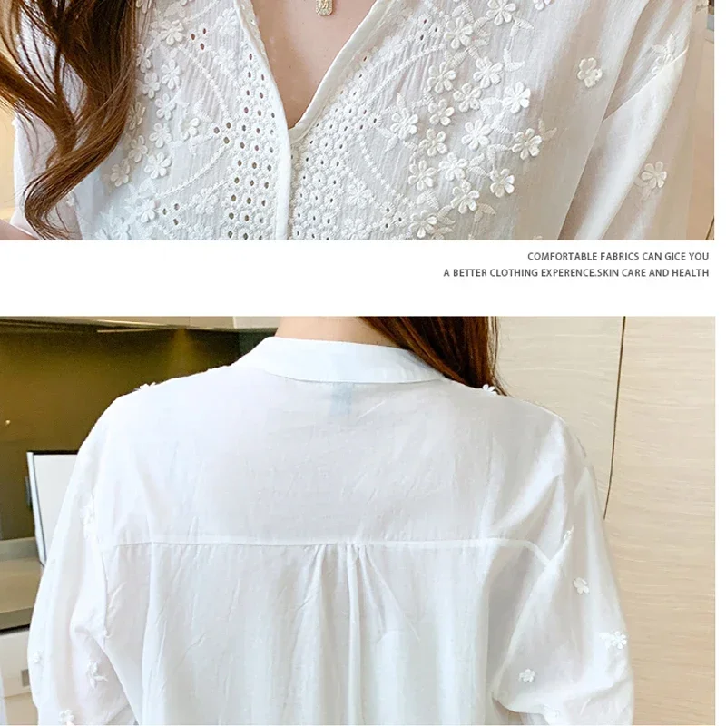 2024 Summer New Short Sleeve Blouse Women V-neck Women\'s Clothing Fashion Tops Woman Embroidery Cotton White Shirts Blusas 14204