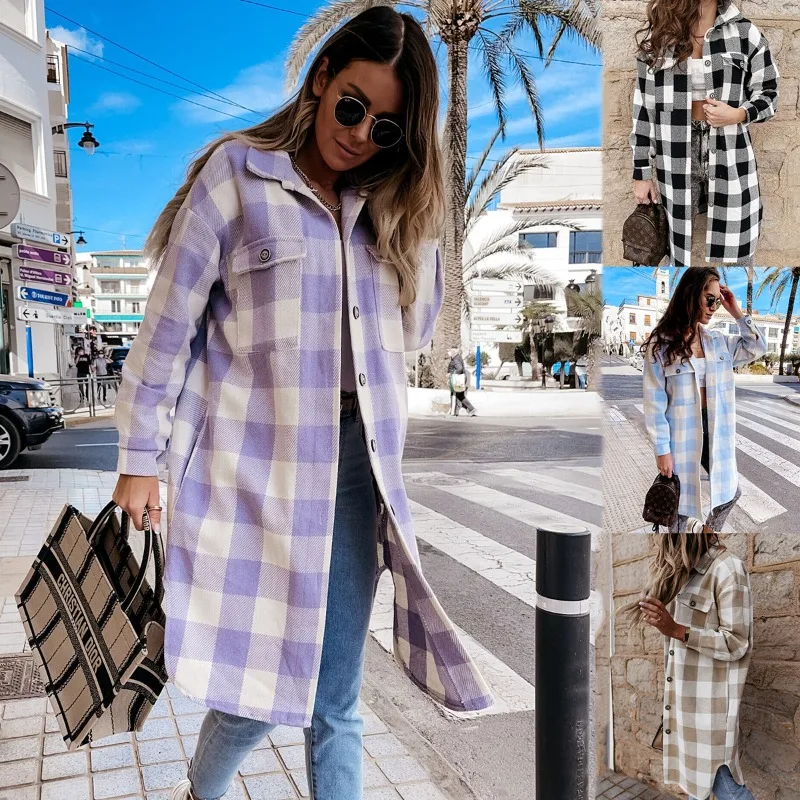 

New Style Casual Loose-fitting Mid-length Plaid Shirt Flannel Polo Collar Top Single-breasted Plaid Coat for Women Пальто