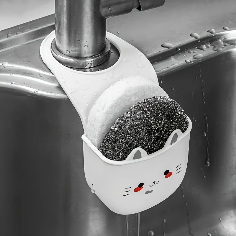 2Pcs Cute Cat Silicone Faucet Cover with Drain Hole Sponge Holder, Kitchen Sink Drain Rack, Countertop Storage Organizer for Kit