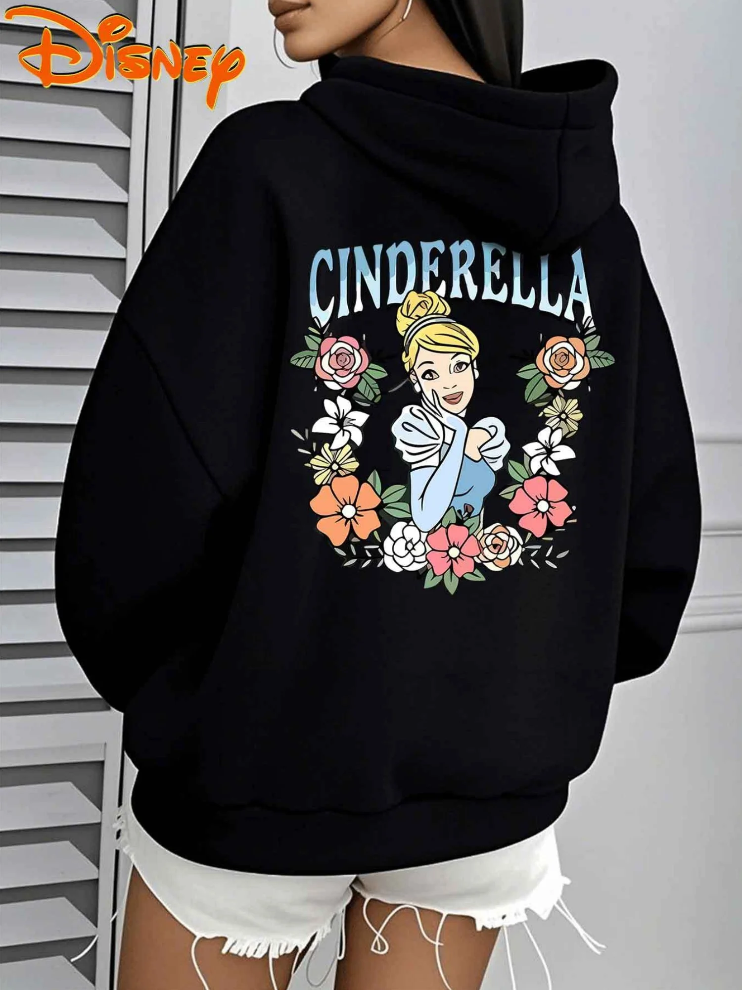 سترة نسائية بغطاء للرأس مطبوعة خلفية من Disney Cinderella - بلوفر رسمي برسومات الأميرة، سترة بغطاء للرأس ناعمة للنساء