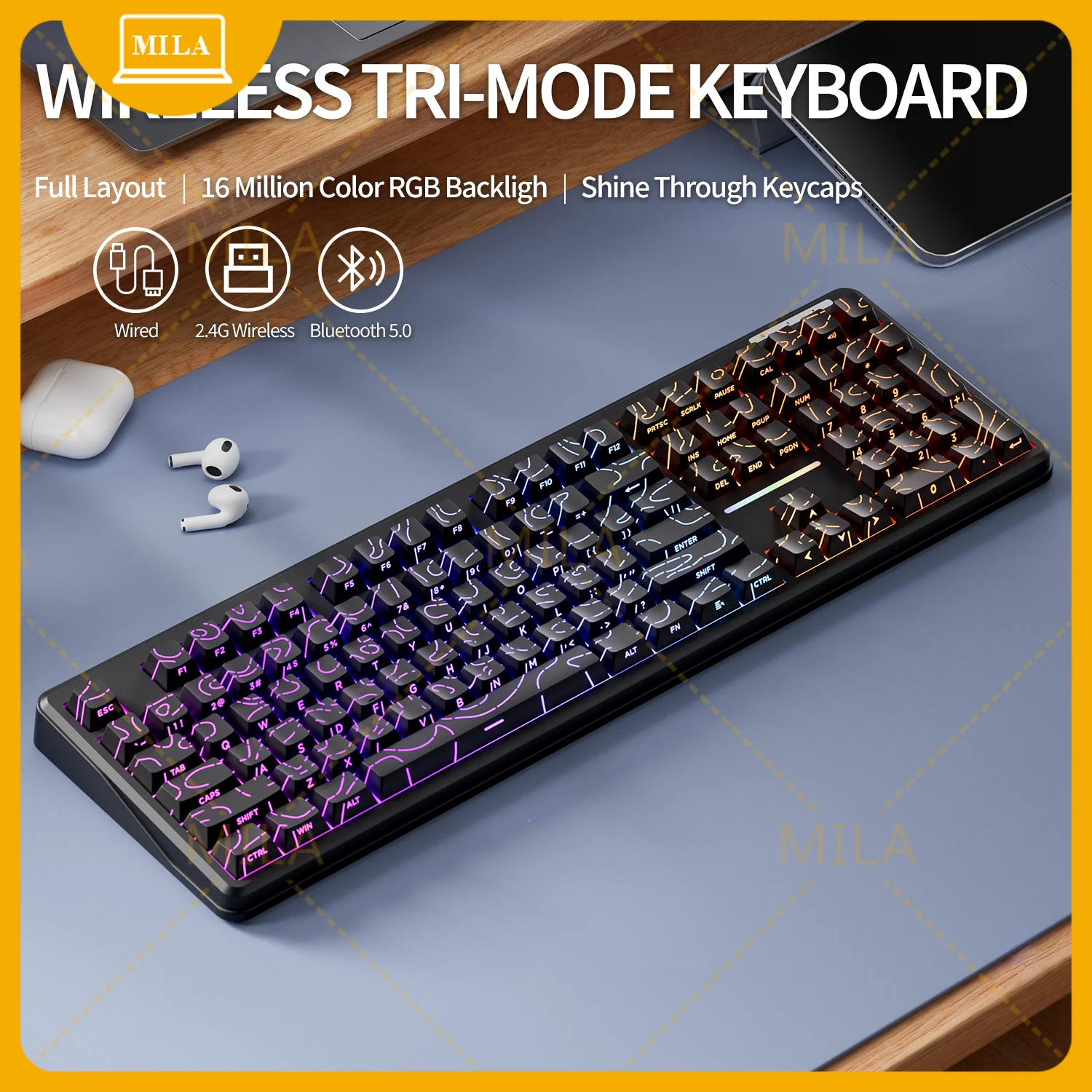 

For V108 Pro Office Keyboard Low Noise Bluetooth 2.4G Wired&Wireless Full Layout with RGB Backlit Membrane