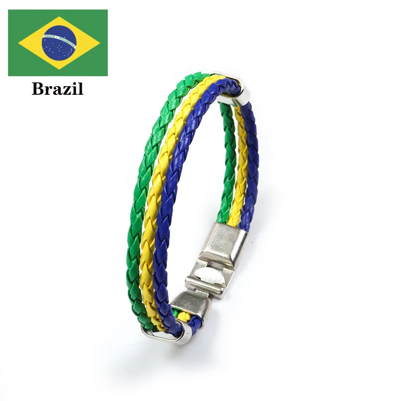 Stainless Steel Woven National Flag PU Leather Bracelet Football Worldwide Country Bracelet Spain France Italy Colombia Bracelet