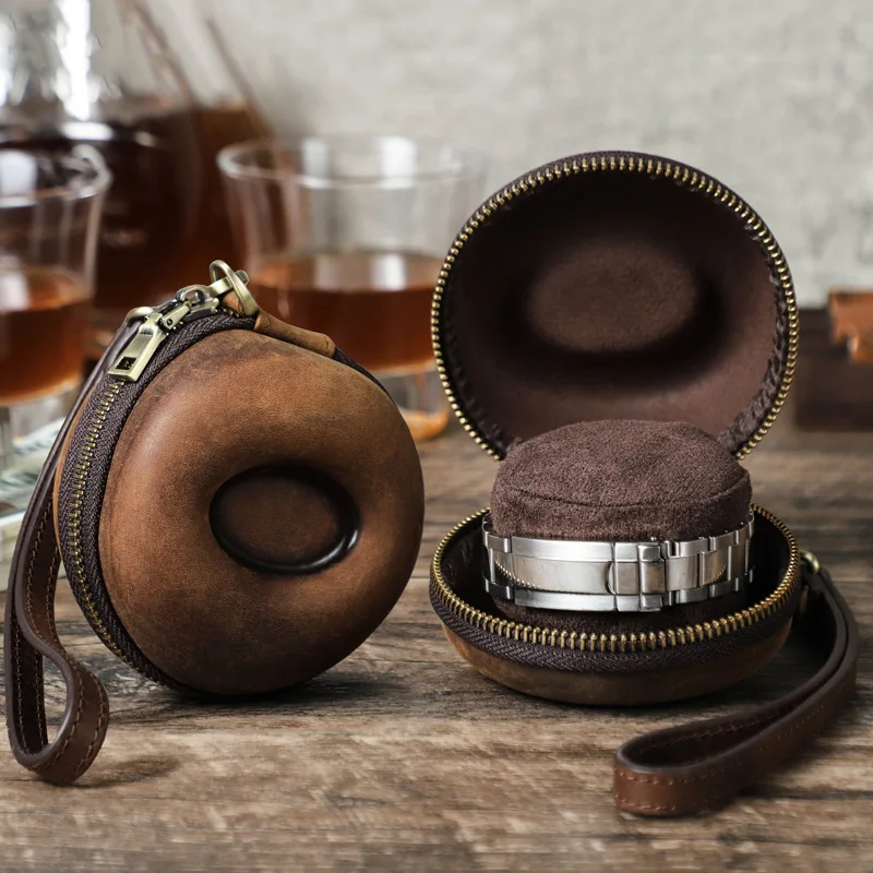 Vintage Donut Shape Watch Roll Case Retro Portable Cow Leather Watch Case Watch Holder Travel Jewelry Storage Pouch Organizer