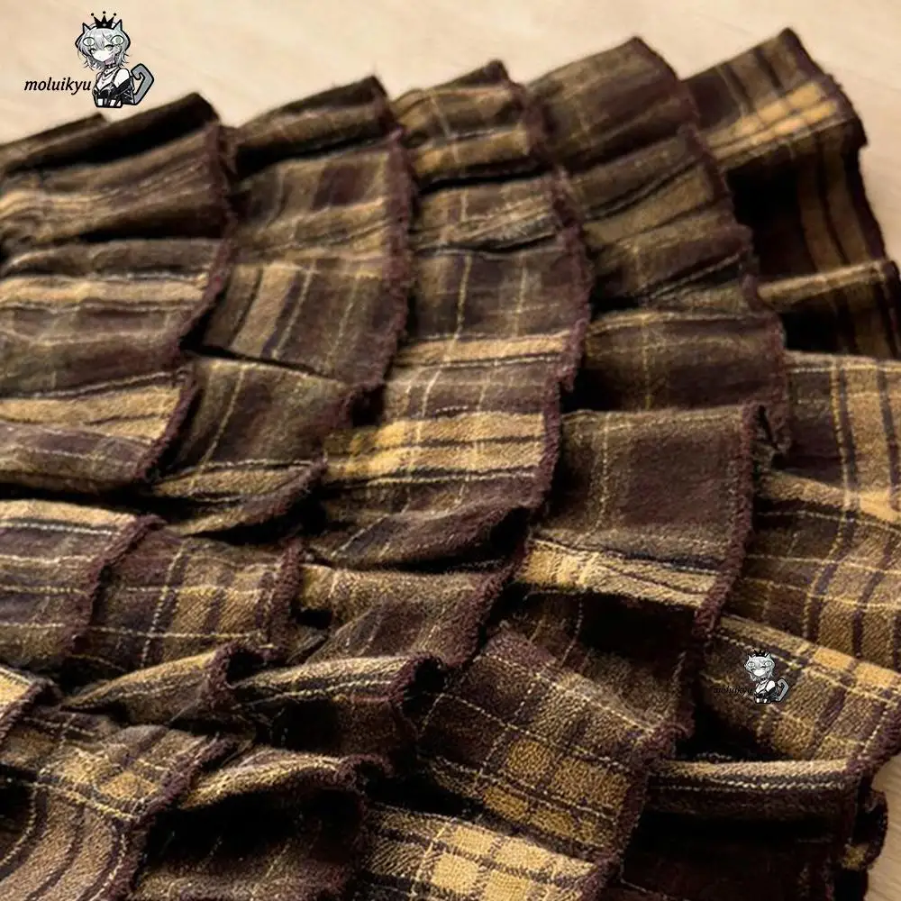 Y2K Grunge Brown Plaid Shirt Dress Women Puff Short Sleeve Collar Tiered Ruffle Mini Dress Gothic Vintage Streetwear Dresses view 6