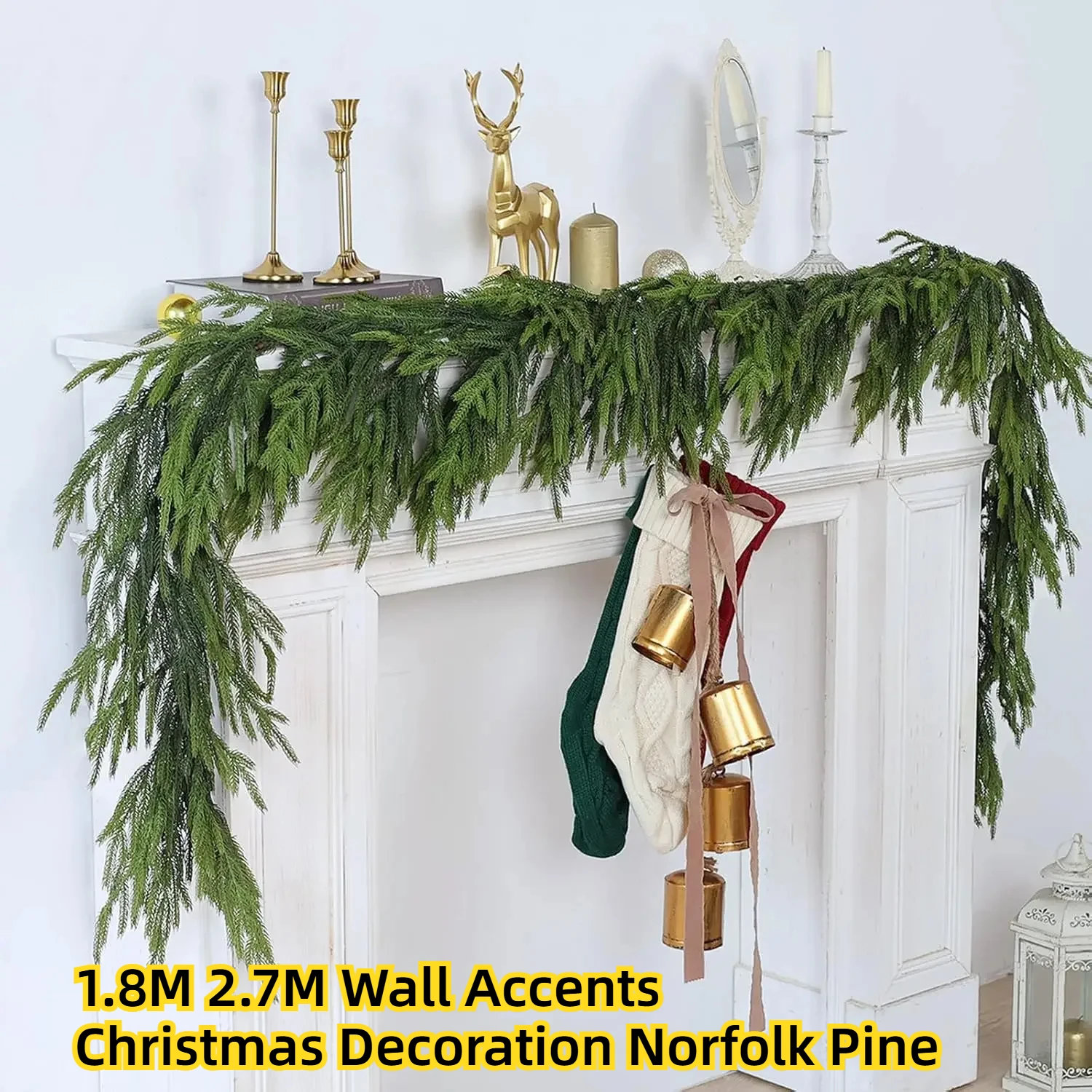 Acentos de pared de 1,8 M y 2,7 M, decoración navideña, pino Norfolk para manto, chimenea, escaleras, barandilla, mesa, puerta delantera, porche, decoración del hogar