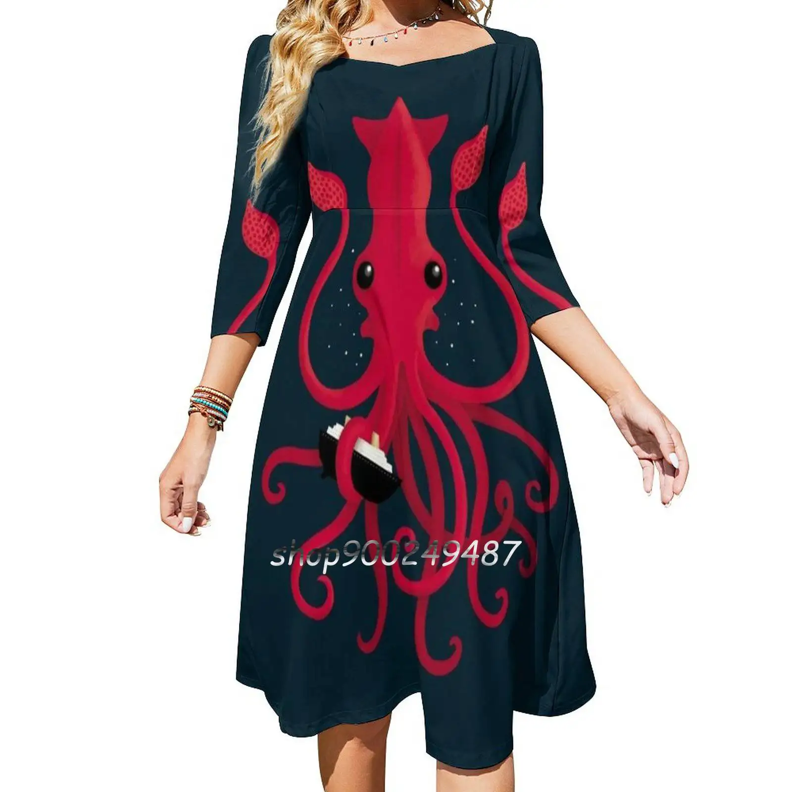 Kraken Attaken Women Spring Autumn Long Sleeve Dress Female Casual Dress Squid Kraken Monster Creature Sea Ocean Boat Nautical