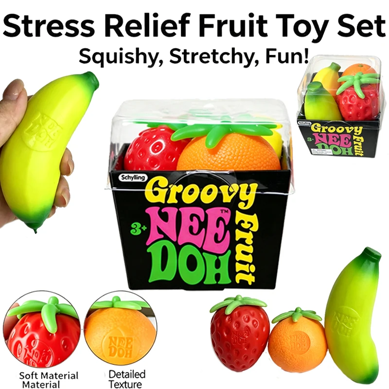 Schylling Needoh Groovy Fruit 3 Pack Set Squeeze Toy Relieve Anxiety Healing Relax Emotional Release Pocket-sized Portable Gift