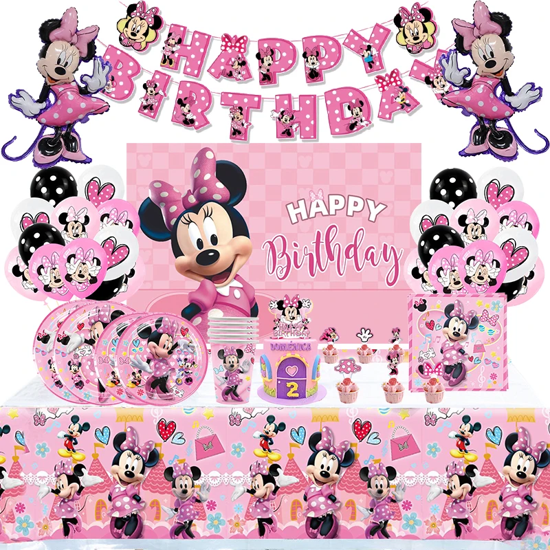 20Person Disney Pink Wave Minnie Mouse Party Supplies Cups Plates Straw Kids Girls Baby Shower Birthday Party Decorations Set