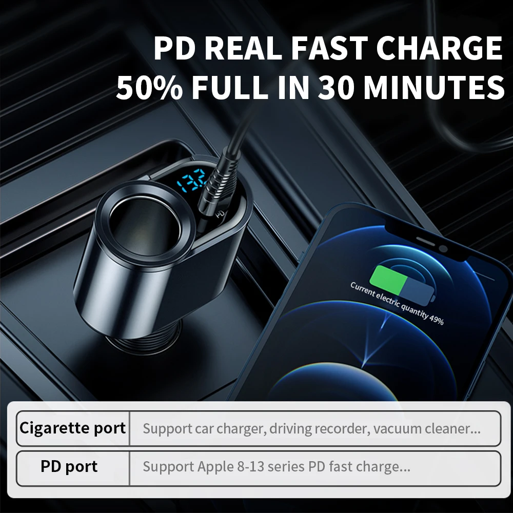 200W Car Charger Fast Charging Voltage Display USB 100W PD 30W 4 in 1 Dual 12V/24V Cigarette Lighter Splitter Power Adapter