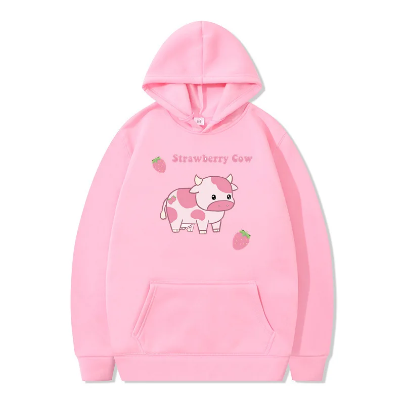 2025 New Cute Strawberry Milk Printed Long Sleeve Hoodie Cute Harajuku Style Top for Girls, Size Up Neutral Warm Sweatshirt