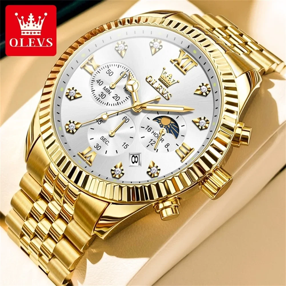 OLEVS Classic Luxury Men Quartz Watch Multifunctional Lunar Phase Dial Calendar Chronograph Waterproof Business Male Watch