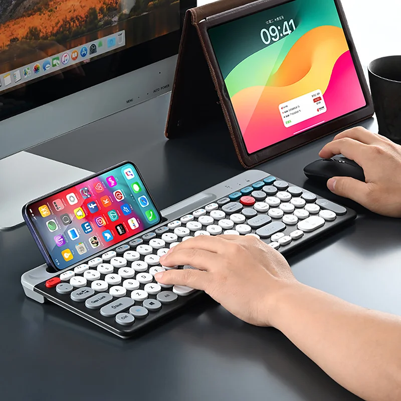 Imagem -01 - Combos de Teclado e Mouse sem Fio Bluetooth 2.4g 104 Teclas para Ios Windows Android Jogos para Laptop Slot para Suporte do Telefone combos de teclado e mouse sem fio bluetooth 24g 104 teclas para ios windows android jogos para laptop slot para suporte do telefone 01