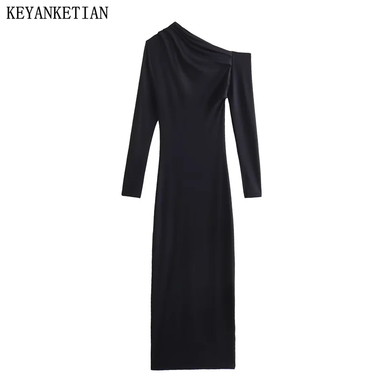 

KEYANKETIAN Autumn New Women's Asymmetrical Skew Collar Off-The-Shoulder Sheath Dress Pleats Decoration Black Ankle MIDI Skirt