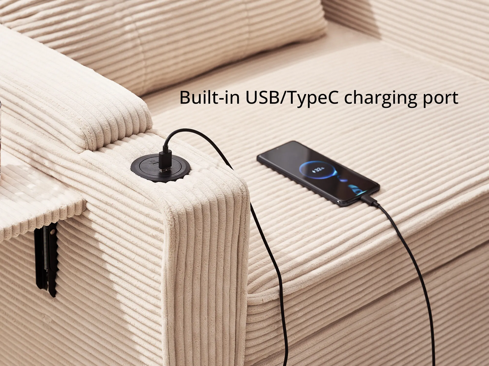 Einzelsofa, 3-in-1-Liegesofa, ausziehbarer Cord-Sessel mit USB-Anschlüssen, 3-fach verstellbare Rückenlehne (105 cm) ° -160 ° Aufbewahrung – Detail 3