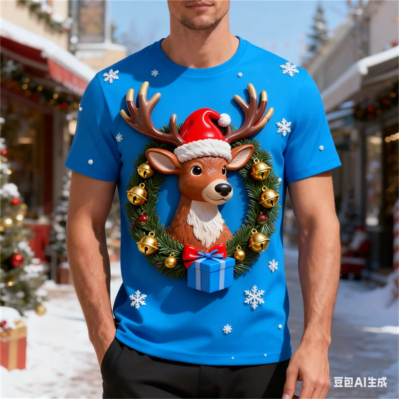 عيد الميلاد ثلاثية الأبعاد الرنة طباعة تي شيرت رجالي موضة عطلة حفلة قصيرة الأكمام الجولة الرقبة قميص اليومية عطلة عادية الرجال بلايز