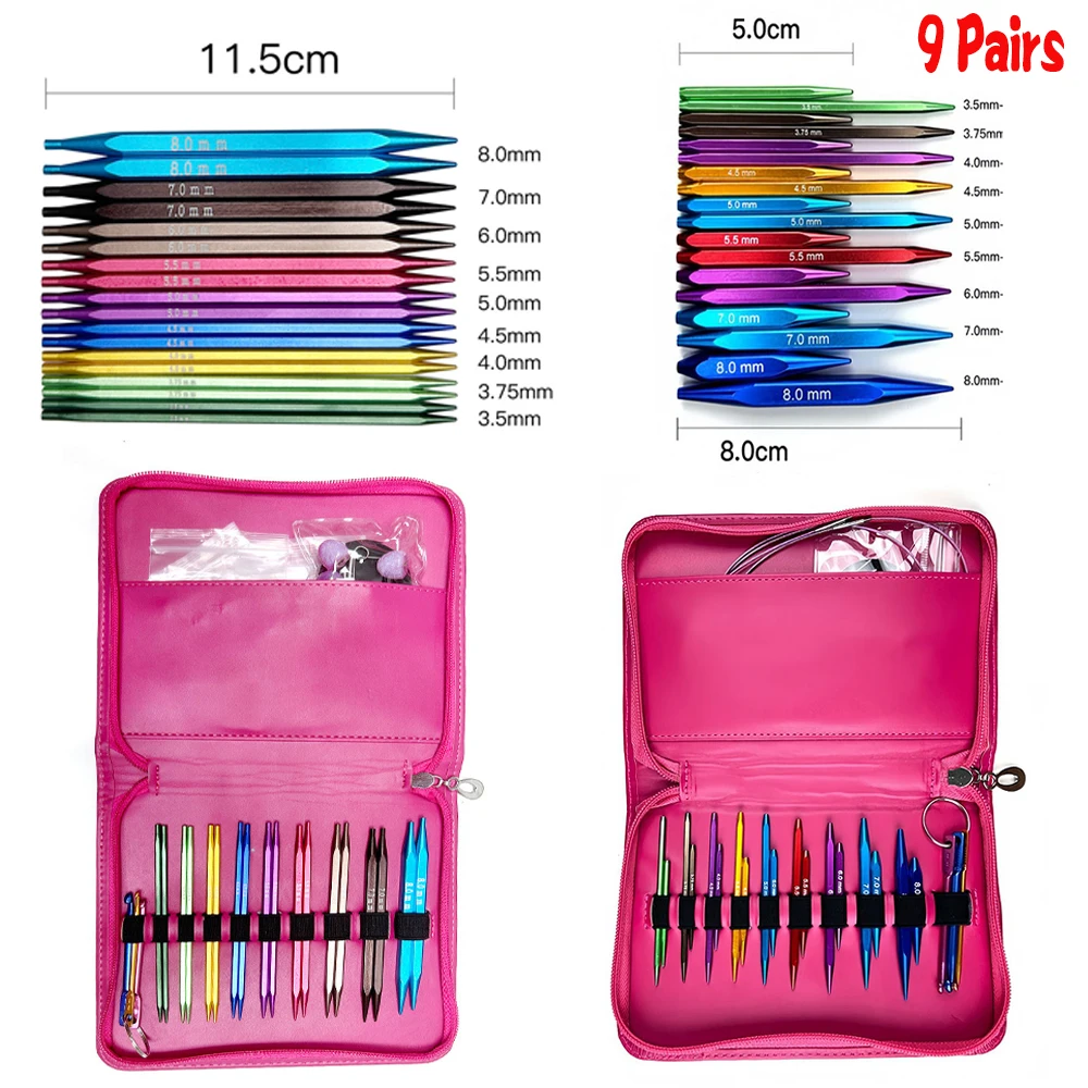 9 Pairs Interchangeable Circular Knitting Needle Tips Deluxe Set Aluminum Square Crochet Hooks 3.5-8.0mm Weaving Yarn Craft Tool