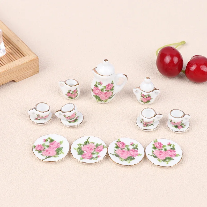 1Set 1:12 Dollhouse Miniature Porcelain Ceramic Tea Cup Set Tableware Kitchen Dollhouse Teapot DIY Toys