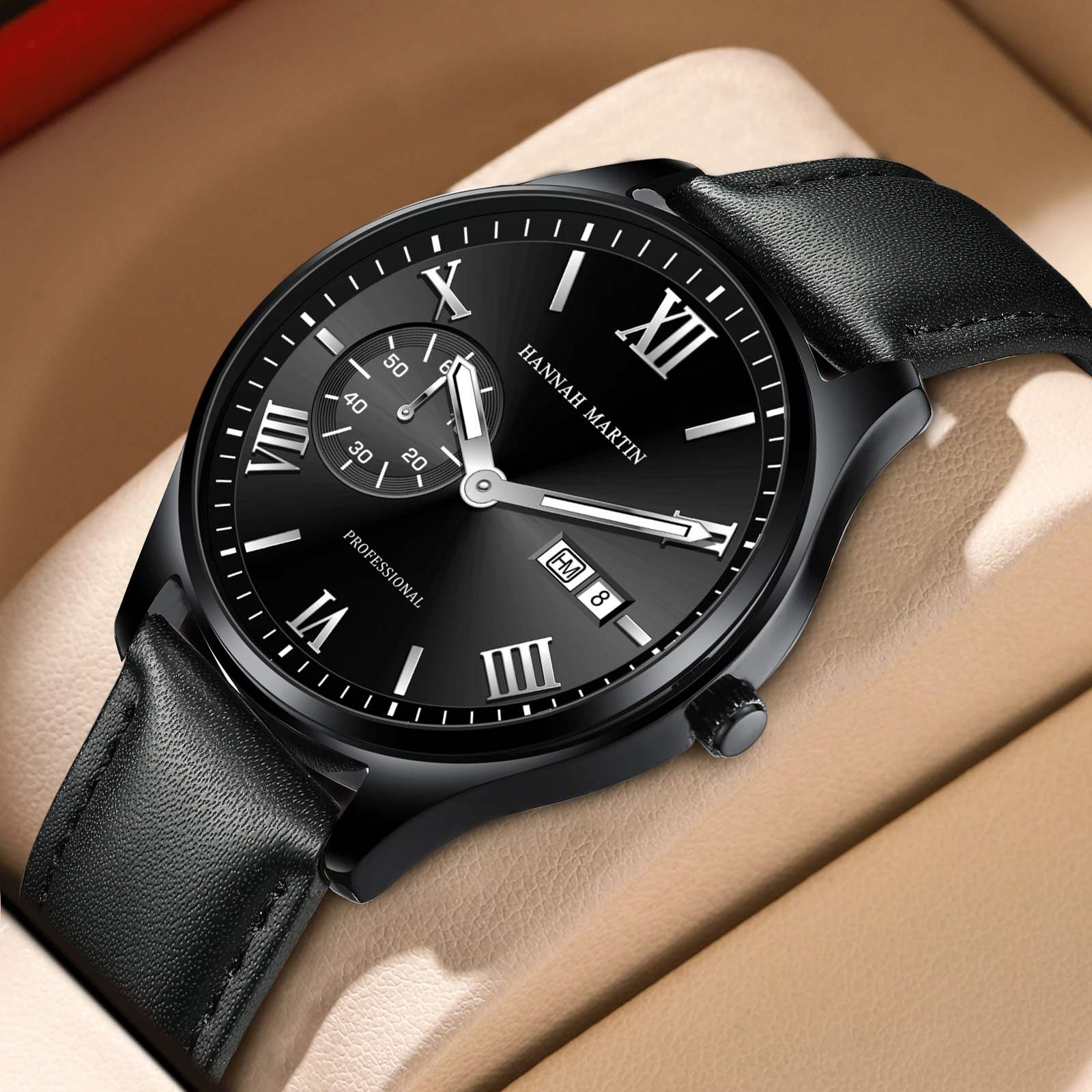 ساعة كوارتز رجالية أصلية ماركة هانا مارتن موضة تقويم مزدوج توقيت أسود كاجوال هدية ساعة معصم للرجال reloj hombre