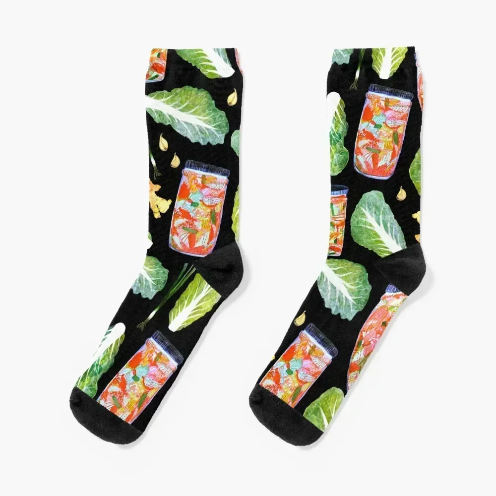 Kimchi acuarela ingredientes picantes fermentado divertido patrón calcetines negros feliz personalizado deportes floral fútbol lujo mujer calcetines hombres