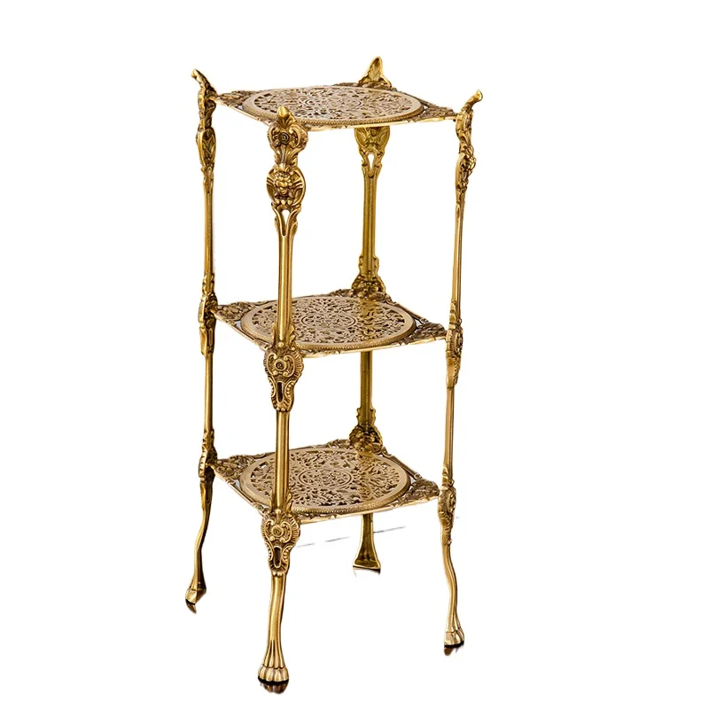 Retro carved shelf, living room side table three-layer hollow flower stand, light luxury brass storage rack edge few