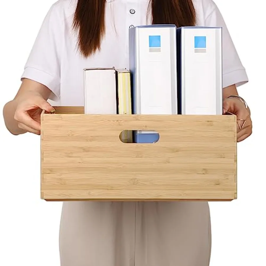 

14.6"x10.2"x6.5" Lidded Storage Bins - Stackable Bamboo Box/Cube/Basket with Handles for Home Kitchen Office, Organize Tablewar