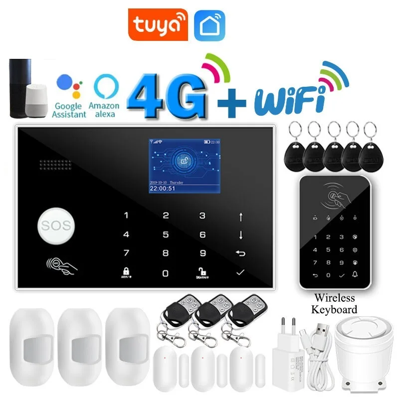 Top Tuya Wifi Gsm Alarmsysteem 4G Of 2G Smart Home Inbraak Alarm Kit 433Mhz Tft Scherm Rfid Touch Toetsenbord App Controle