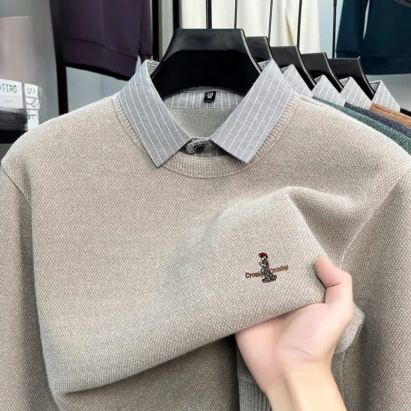 

Men's Faux Two-Piece Knitted Sweater with irt Collar Thiened Fce Warm Winter Base Layer Soft Polyester Blend Long Sve